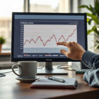Financial analyst reviewing inflation chart on computer monitor in newsroom