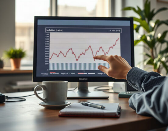 Financial analyst reviewing inflation chart on computer monitor in newsroom