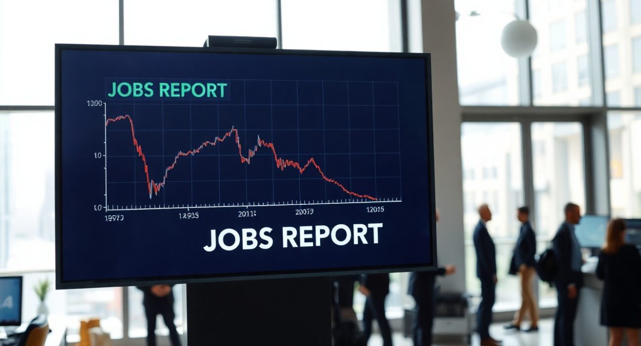 Trading floor display showing a declining jobs report chart, symbolizing market impact