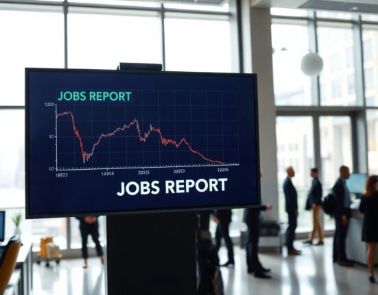 Trading floor display showing a declining jobs report chart, symbolizing market impact