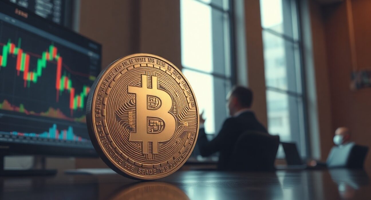 Bitcoin coin in foreground with blurred trading charts on a screen in the background