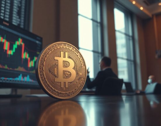 Bitcoin coin in foreground with blurred trading charts on a screen in the background