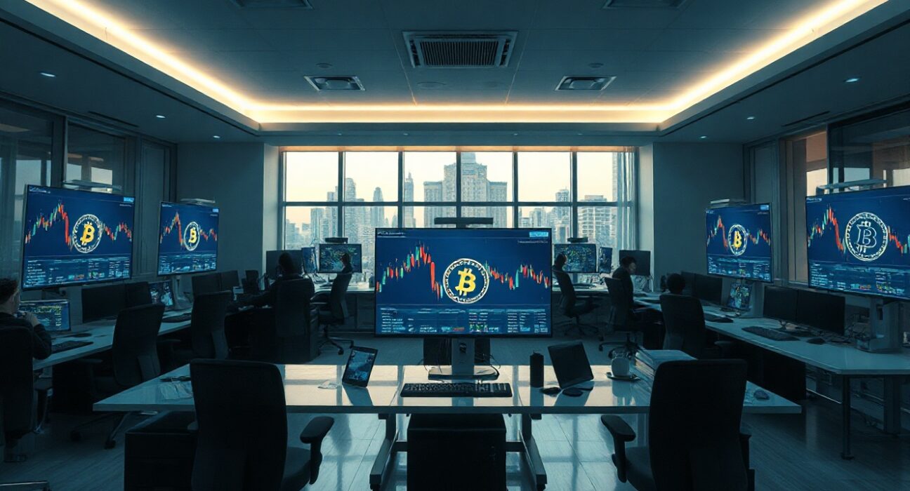 Trading desk with Bitcoin price charts on monitors in a modern office