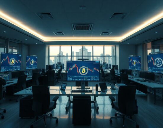 Trading desk with Bitcoin price charts on monitors in a modern office