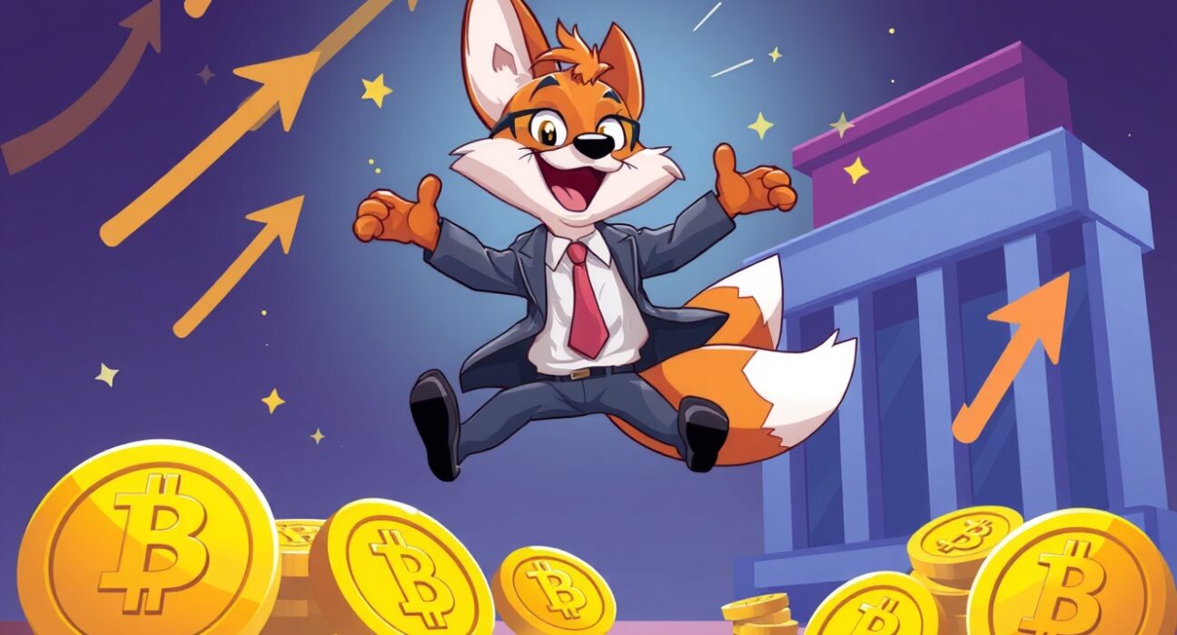 Joyful cartoon fox making Jump Crypto deposit between cryptocurrency coins and exchange