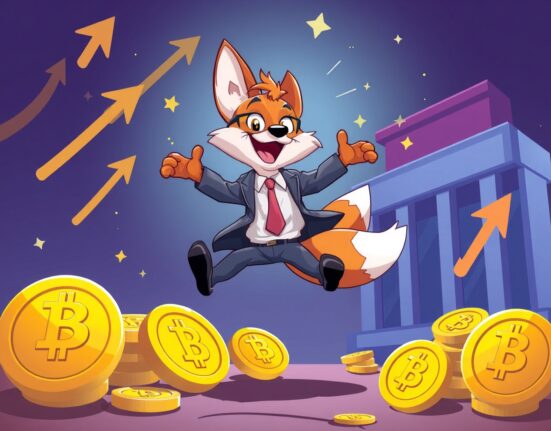 Joyful cartoon fox making Jump Crypto deposit between cryptocurrency coins and exchange