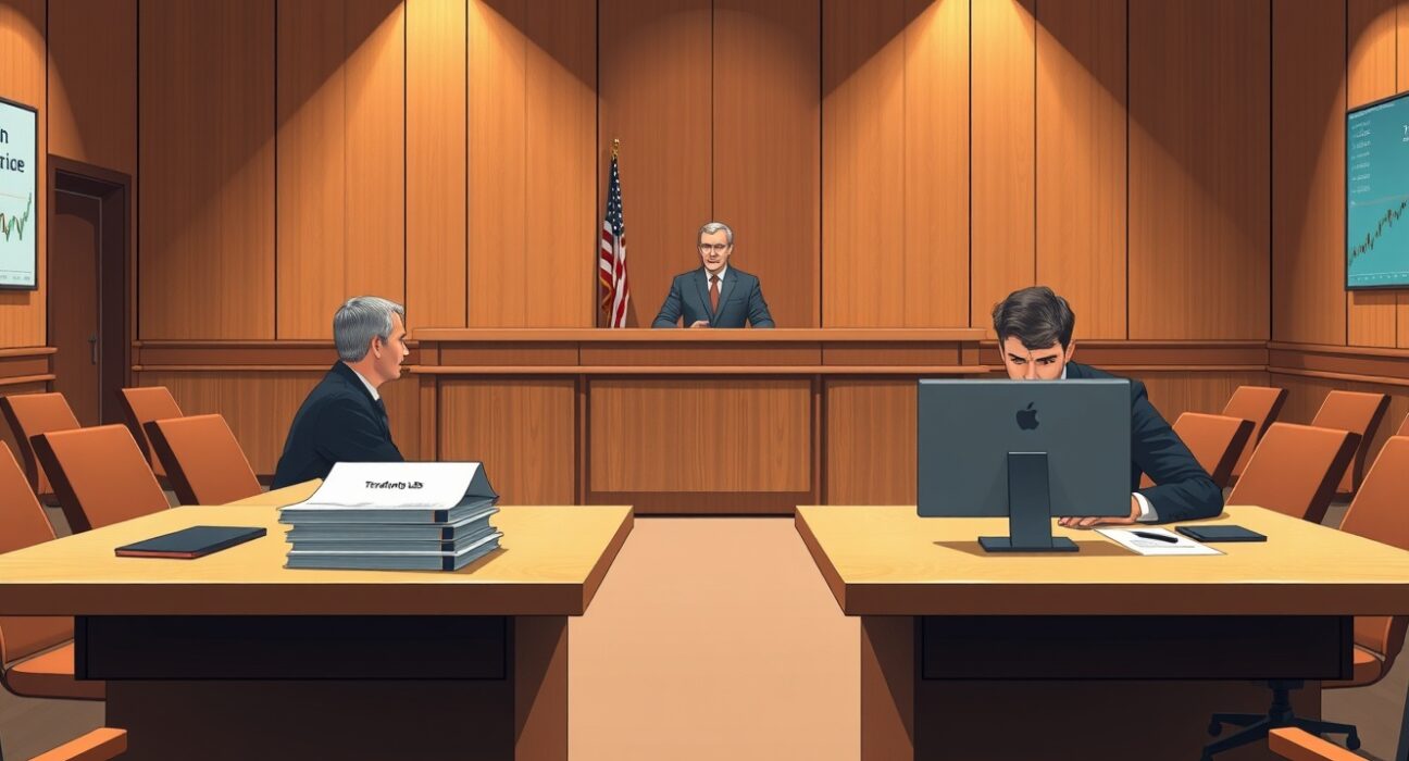 Courtroom scene depicting the legal battle between Jump Trading and Terraform Labs over fraud allegations and SEC fines.