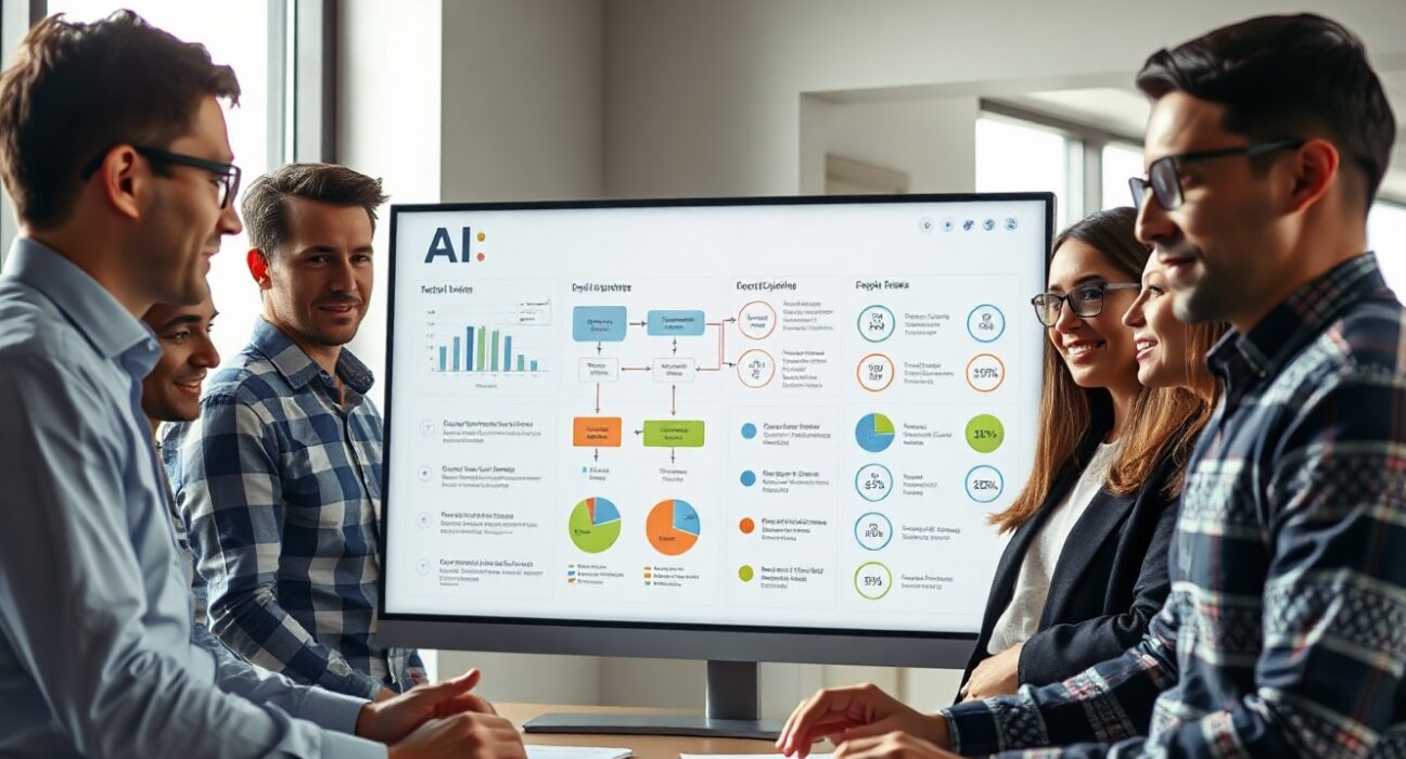 Enterprise team reviewing AI deployment dashboard in modern office