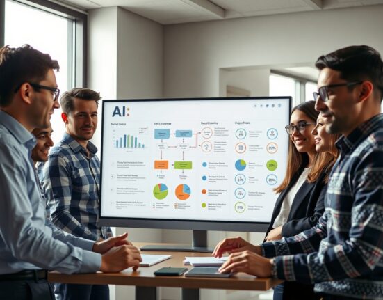 Enterprise team reviewing AI deployment dashboard in modern office