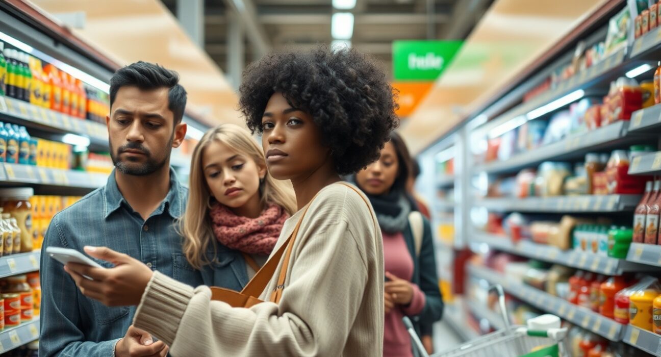 Shoppers looking at price tags in a grocery store, reflecting consumer sentiment concerns
