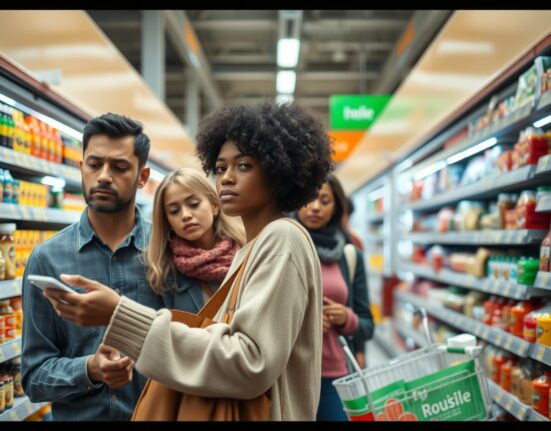 Shoppers looking at price tags in a grocery store, reflecting consumer sentiment concerns