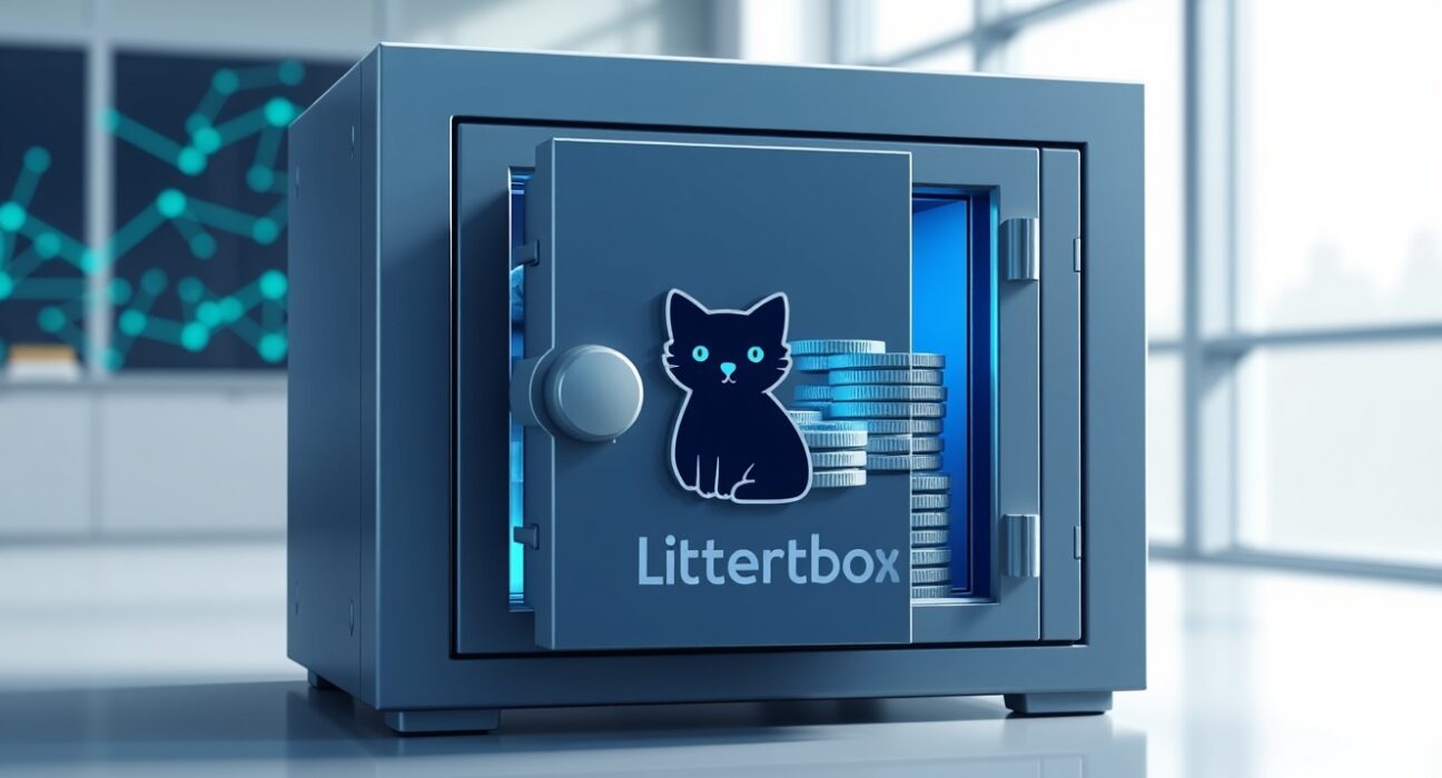 Jupiter adds more JUP to Litterbox Trust, showing a digital vault with JUP tokens inside, representing the growing Solana treasury.
