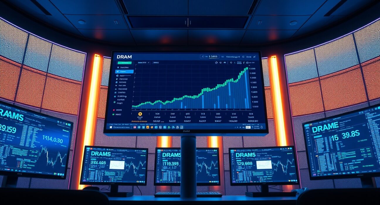 Digital trading screen showing DRAM ETF symbol and rising chart on a dark trading desk