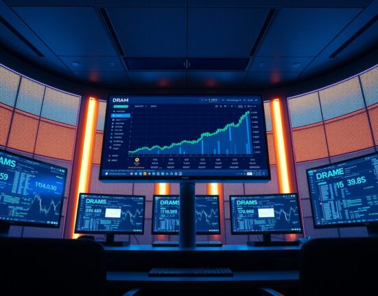 Digital trading screen showing DRAM ETF symbol and rising chart on a dark trading desk
