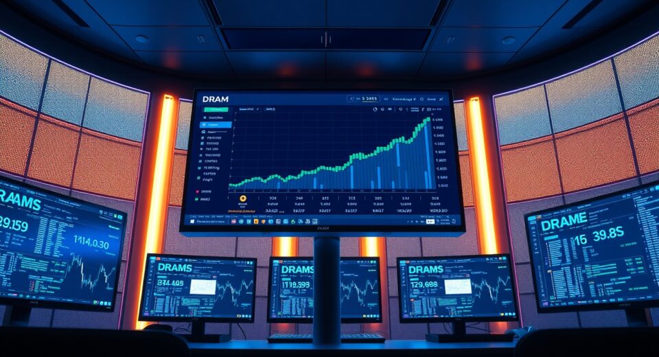 Digital trading screen showing DRAM ETF symbol and rising chart on a dark trading desk