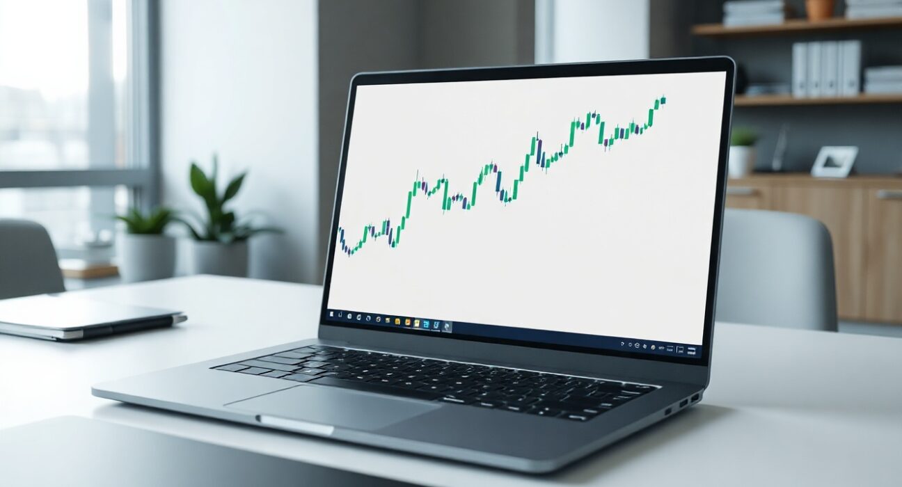 Jupiter JUP price chart displayed on a laptop in a modern office setting