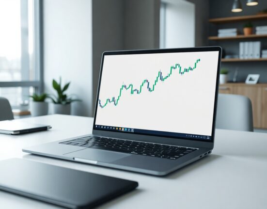 Jupiter JUP price chart displayed on a laptop in a modern office setting