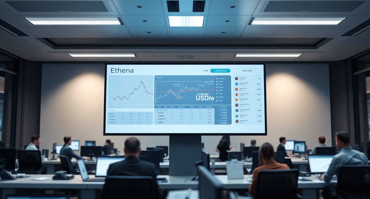 Digital trading screens showing Jupiter Lend platform with Ethena and USDe on a modern trading floor