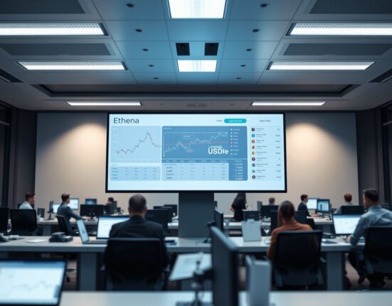 Digital trading screens showing Jupiter Lend platform with Ethena and USDe on a modern trading floor