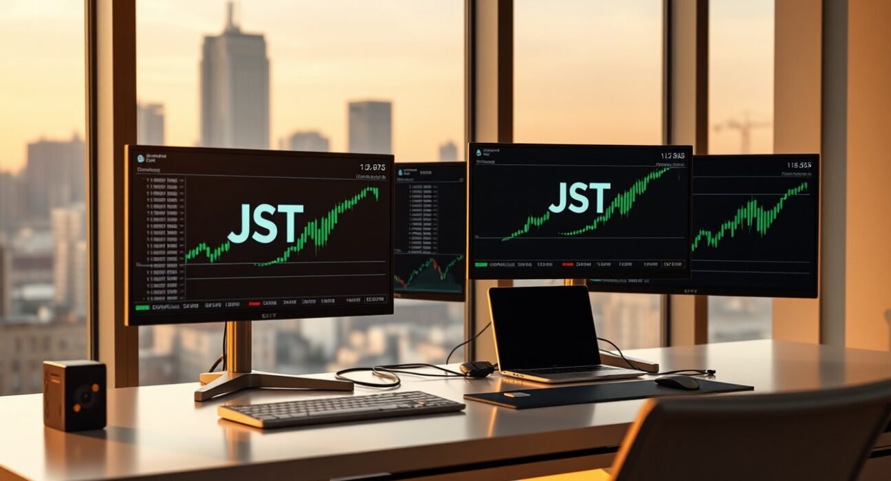 Financial trading desk with monitors showing JST price chart and cryptocurrency analysis