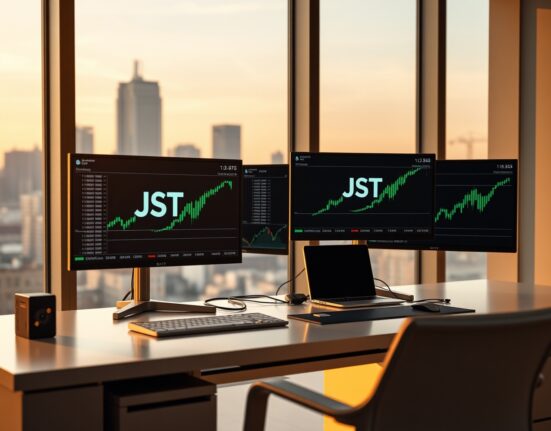 Financial trading desk with monitors showing JST price chart and cryptocurrency analysis