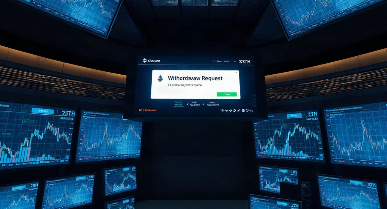 A financial trading floor with screens showing Ethereum and stETH charts, highlighting a withdrawal request notification.