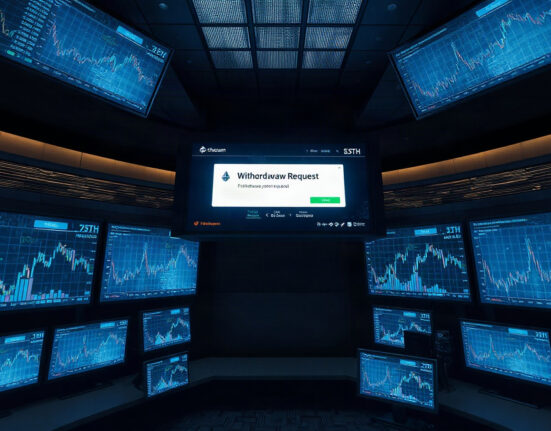 A financial trading floor with screens showing Ethereum and stETH charts, highlighting a withdrawal request notification.