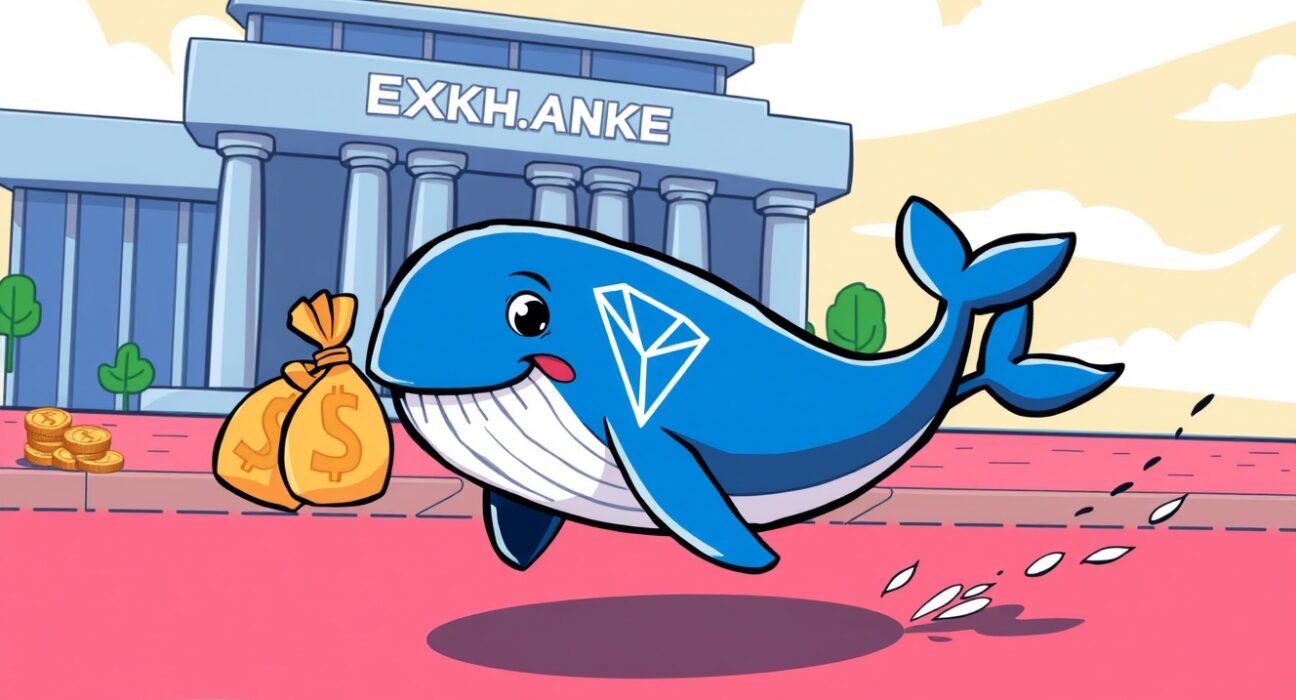 Cartoon illustration of a crypto whale making a major Justin Sun address withdrawal from an exchange.