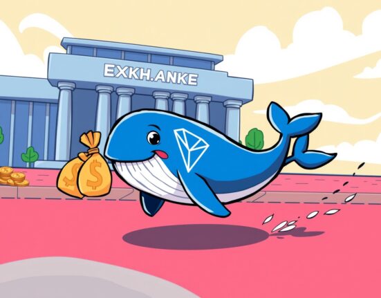 Cartoon illustration of a crypto whale making a major Justin Sun address withdrawal from an exchange.