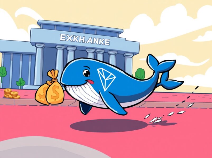 Cartoon illustration of a crypto whale making a major Justin Sun address withdrawal from an exchange.