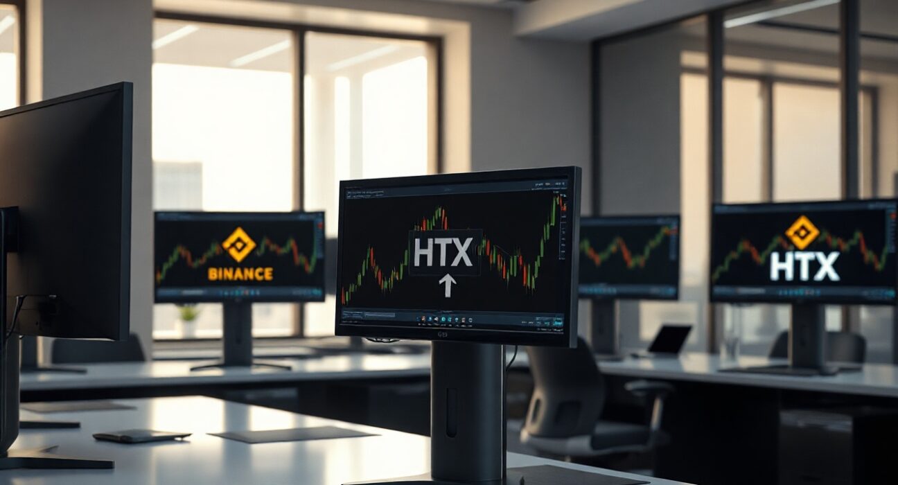 Cryptocurrency exchange trading screens in a modern office, representing Binance and HTX transfer restrictions.