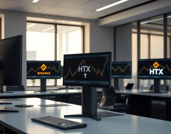 Cryptocurrency exchange trading screens in a modern office, representing Binance and HTX transfer restrictions.