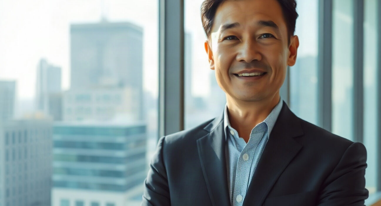 Justin Sun, TRON founder, speaking confidently in a modern office setting.