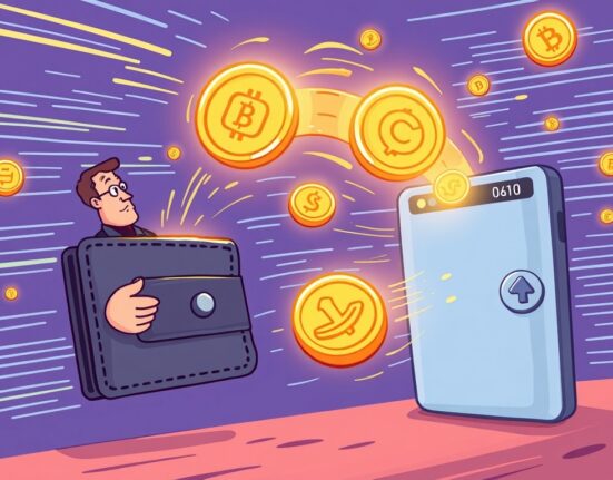 Illustration of a significant Justin Sun crypto transfer, depicting digital assets moving between wallets, highlighting on-chain activity.