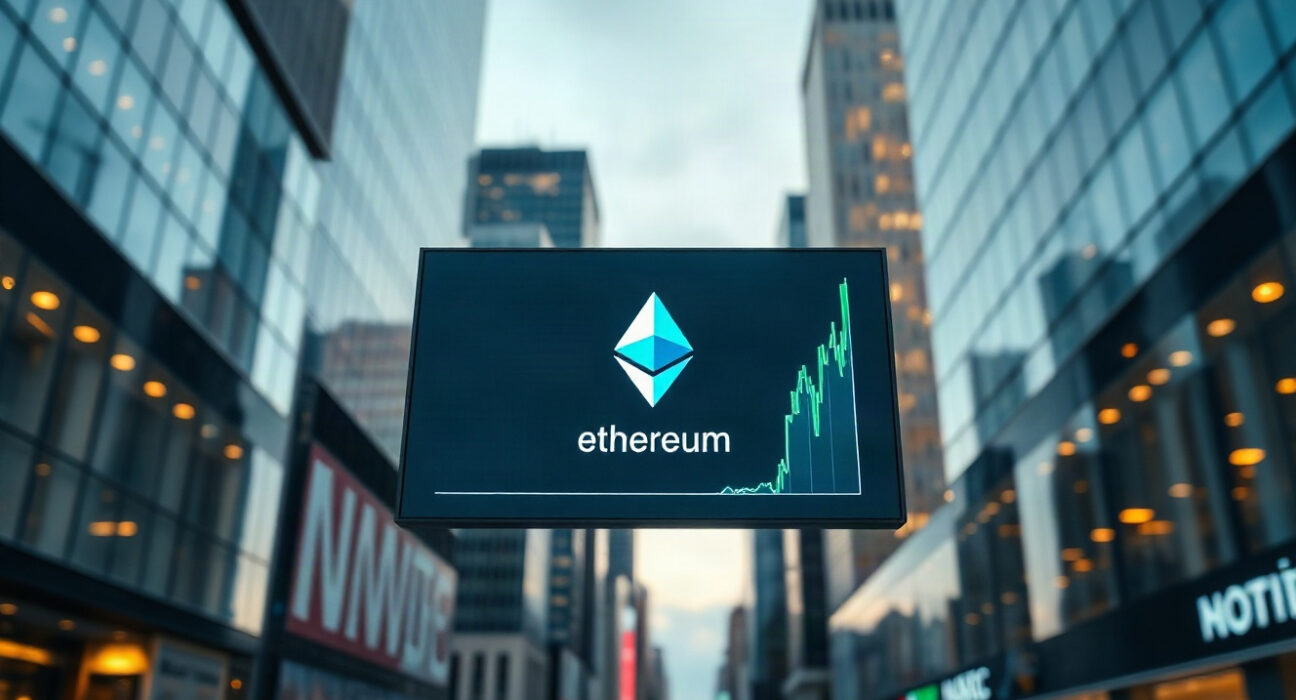 Digital display showing Ethereum symbol and chart in a financial district, representing large crypto transactions.