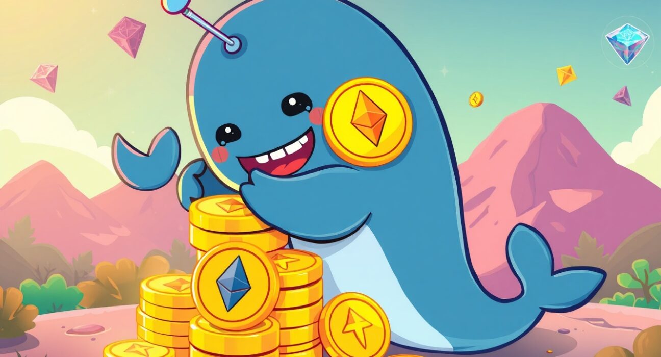 Justin Sun ETH stake represented as cartoon whale stacking Ethereum coins