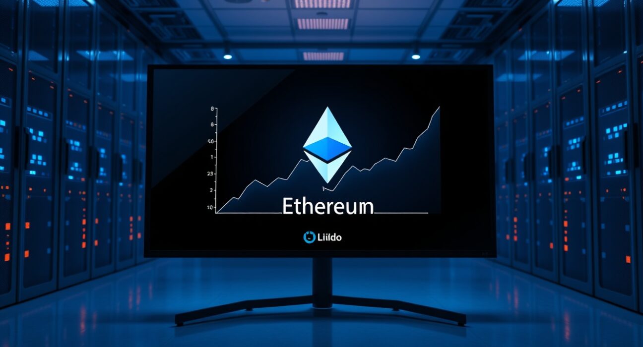 Digital screen showing Ethereum staking data and upward trend graph in a modern server room.