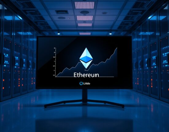 Digital screen showing Ethereum staking data and upward trend graph in a modern server room.