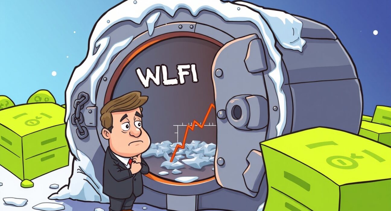 Cartoon of Justin Sun's frozen WLFI holdings locked in a vault as value plummets.