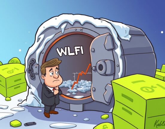 Cartoon of Justin Sun's frozen WLFI holdings locked in a vault as value plummets.