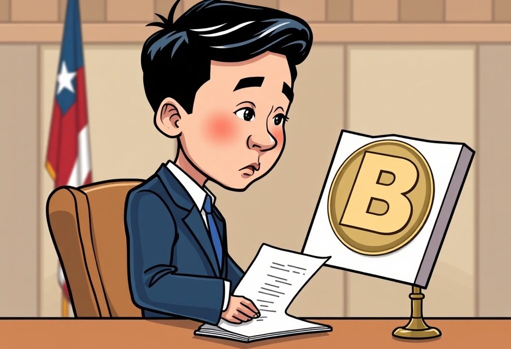 A cartoon illustration depicting the legal dispute of the Justin Sun lawsuit against Bloomberg over sensitive financial information.