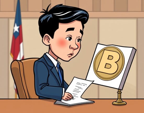 A cartoon illustration depicting the legal dispute of the Justin Sun lawsuit against Bloomberg over sensitive financial information.