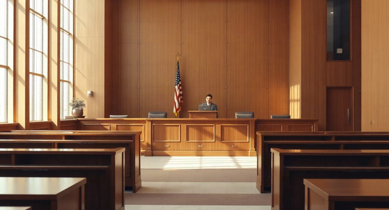 Courtroom with judge's bench and American flag, representing legal dispute