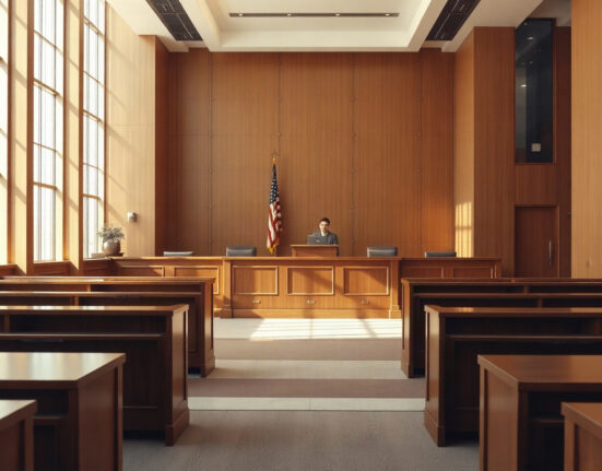 Courtroom with judge's bench and American flag, representing legal dispute