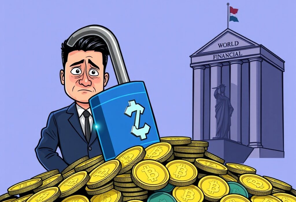 Illustration showing a digital padlock freezing tokens, representing the Justin Sun token freeze by WorldLibertyFinancial and its impact.