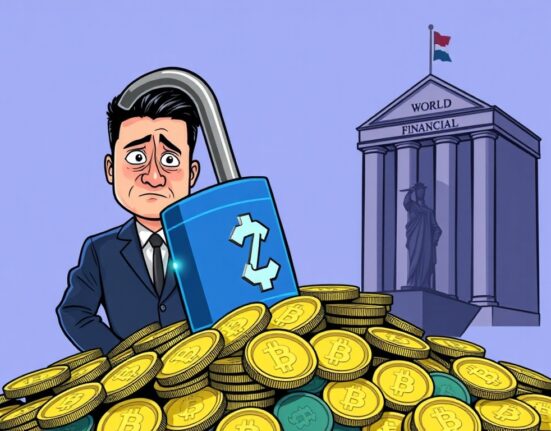 Illustration showing a digital padlock freezing tokens, representing the Justin Sun token freeze by WorldLibertyFinancial and its impact.