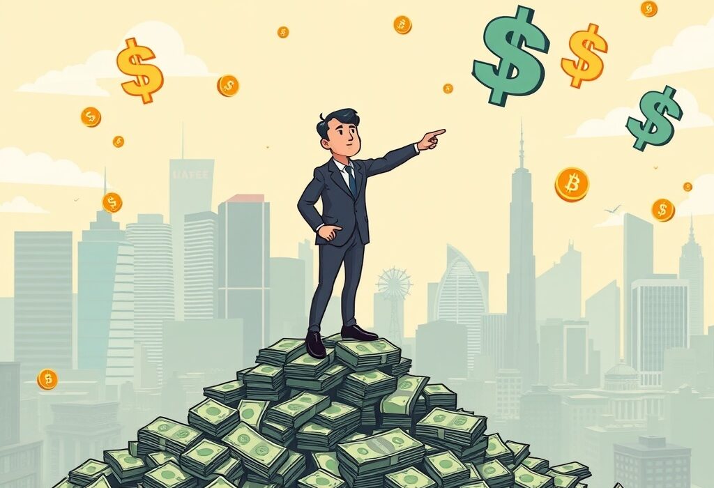 A cartoon investor confidently points towards a skyline, symbolizing Justin Sun's significant investment in US crypto stocks, highlighting market opportunity.