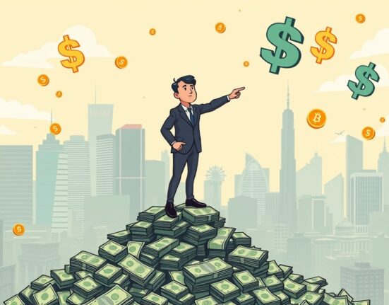 A cartoon investor confidently points towards a skyline, symbolizing Justin Sun's significant investment in US crypto stocks, highlighting market opportunity.