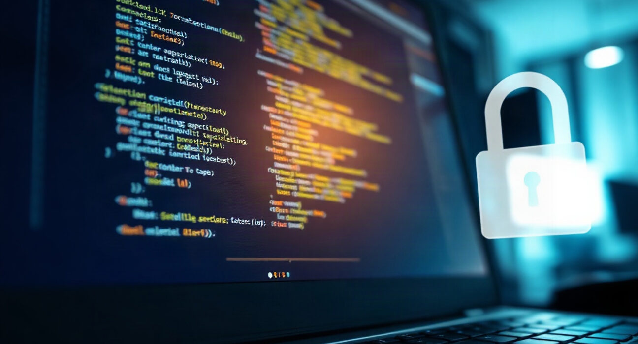 Computer screen showing code with a digital lock icon, representing stablecoin security concerns