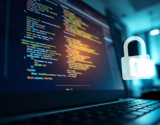 Computer screen showing code with a digital lock icon, representing stablecoin security concerns